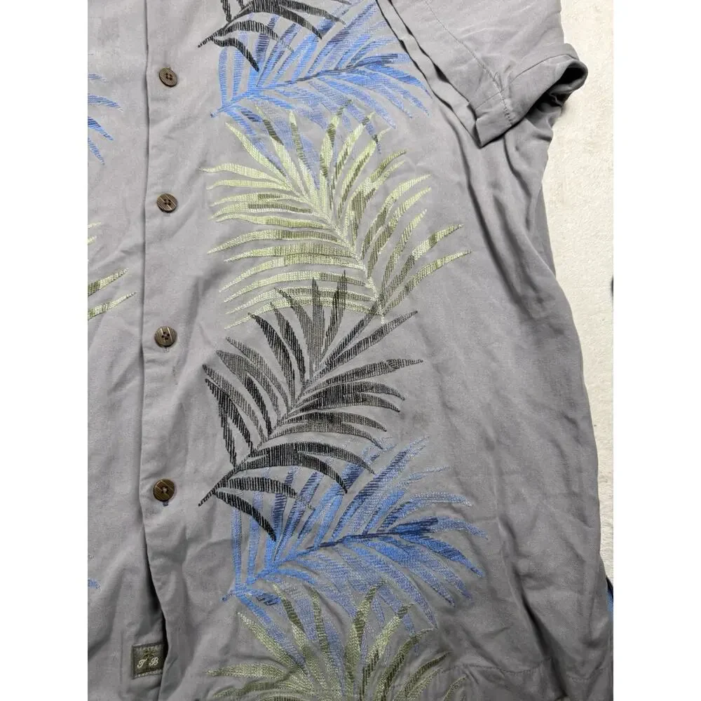 Tommy Bahama Mens XL 100% Silk Gray Palm Embroidered Hawaiian Camp Shirt
